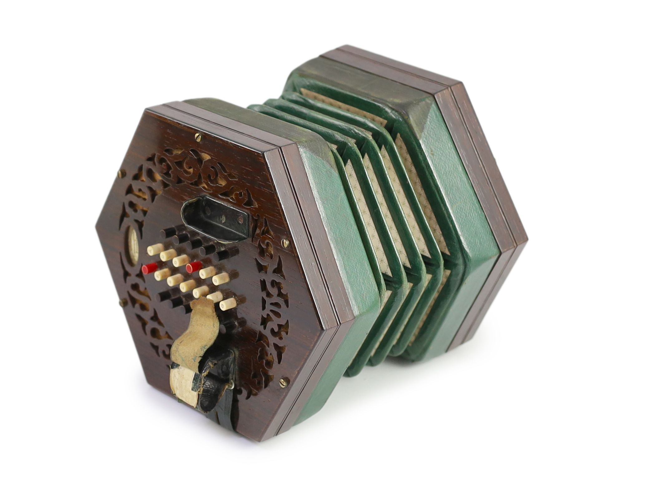 A 48-key C. Wheatstone English model rosewood concertina, diameter 18cm, housed in the original rosewood case